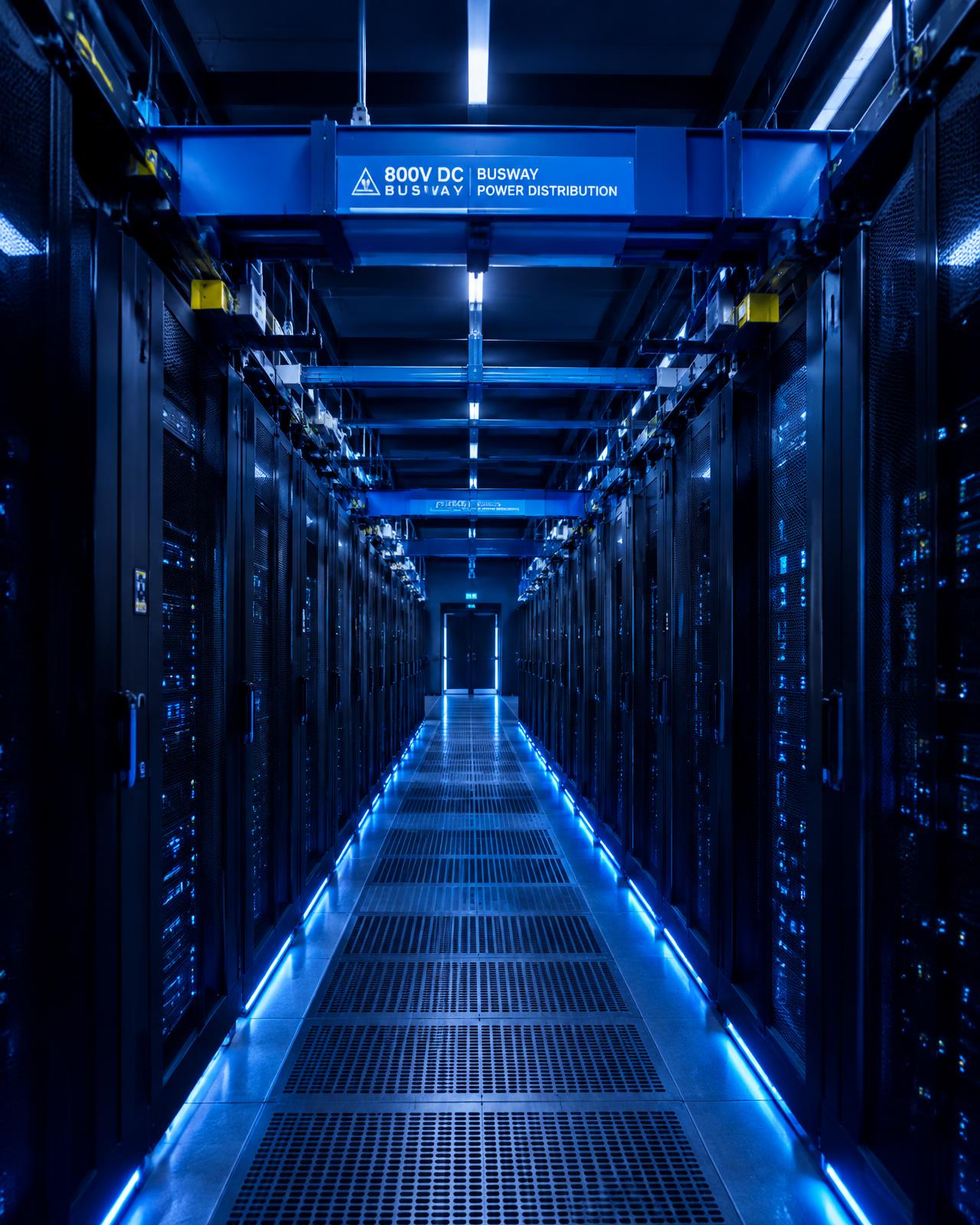 Data center aisle with 800 VDC busway power distribution overhead