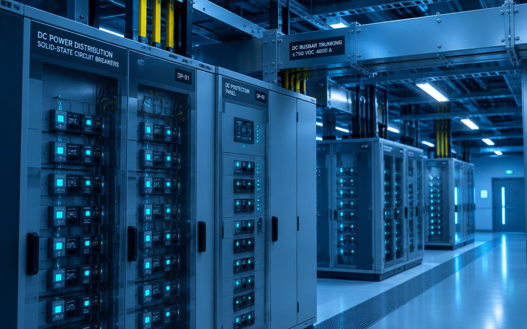 DC power distribution room with solid-state circuit breaker cabinets