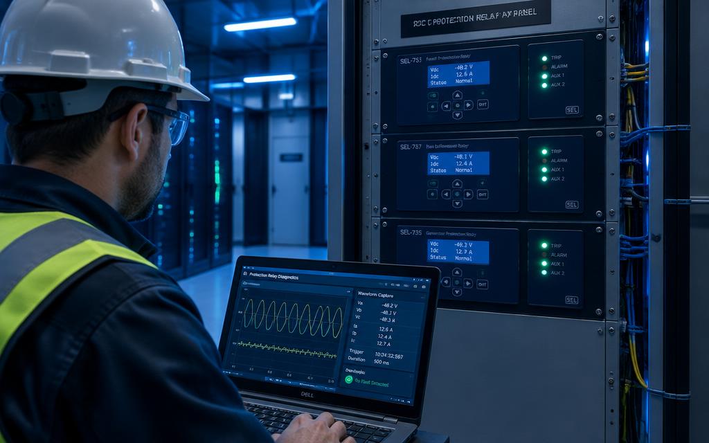 Engineer testing DC protection relays with waveform diagnostics